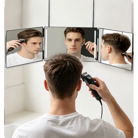 Miroir de coiffure à 360 degrés, réglable en hauteur avec crochet, miroir pliable en trois parties, miroir de coiffure (avec lumière LED). (1/5)