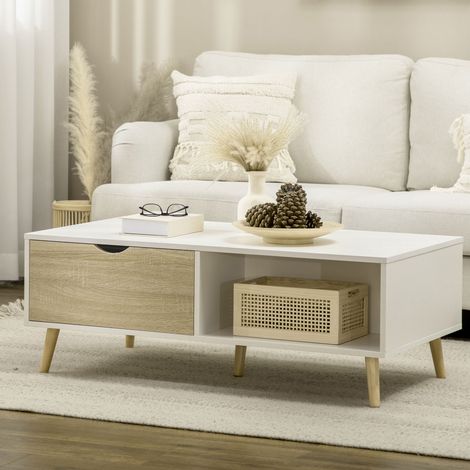 Table basse rectangulaire avec 2 tiroirs et compartiments ouverts, style nordique, 106 x 58 x 39,5 cm, blanche (1/5)