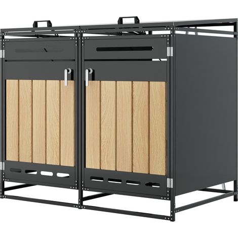 Coffre pour poubelles avec couvercle hydraulique, parement vertical à effet bois, ventilation à longues fentes perforées, armoire de rangement de jardin en fer avec serrure (1/5)