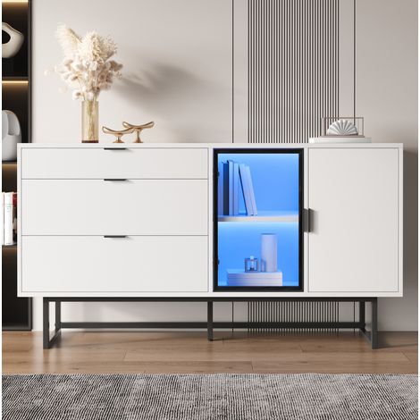 Buffet en MDF et panneaux de particules blanc 160 x 36 x 78 cm avec 3 tiroirs, portes vitrées et LED (1/5)