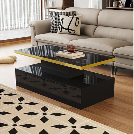 Mesa de centro de aglomerado negro brillo 100 cm con cajón y 2 niveles (1/5)