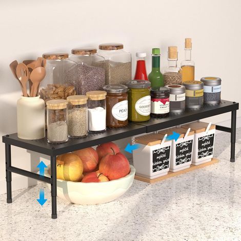 72cm Expandable Kitchen Shelf - Adjustable Stackable Kitchen Spice Rack for Worktop and Cupboard - No Drilling - Kitchen Storage Solution (Black) (1/5)