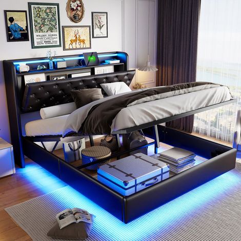 Lit coffre 160x200 cm pour chambre adulte et adolescent - Lit flottant rembourré avec LED, ports USB/Type-C et rangement caché - PU et Métal - Noir