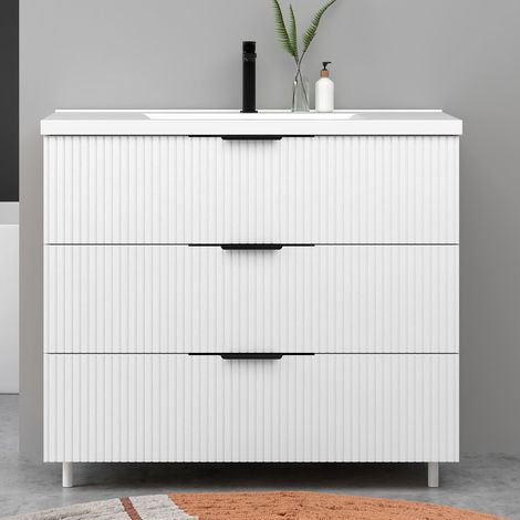 Meuble de salle de bain suspendu Strié 100cm avec poignées + simple vasque + 3 tiroirs, Blanc