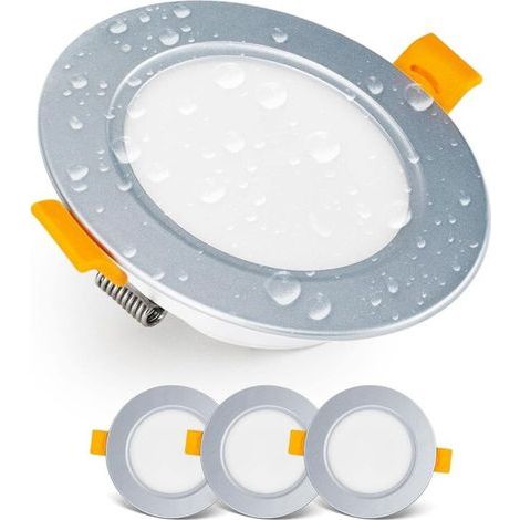 LED-Einbaustrahler, IP54-zertifizierte LED-Deckenspots für Badezimmer und Feuchträume, warmweiß (3000 K), 3er-Pack extraflache, runde LED-Spots, 7 Watt (7 W) / 700 Lumen, Silber (1/5)