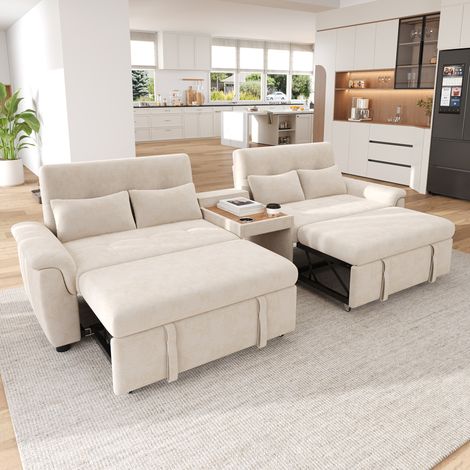 Sofá cama convertible de 284x138x89 cm, doble superficie para dormir, respaldo de 3 posiciones, esquina con estampado animal, chenilla - beige (1/5)