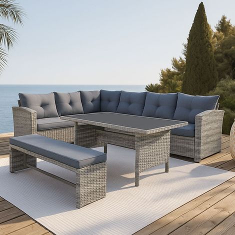 Mobili da giardino 8 posti con divano angolare in resina intrecciata grigia MOOREA