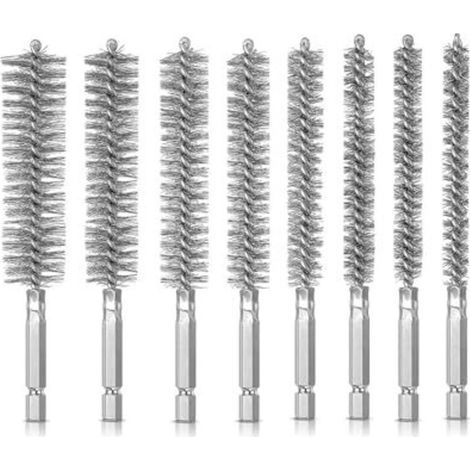 Set of 8 wire brushes for drills, including a stainless steel hexagonal brush for drilling holes, a cylindrical brush for polishing, grinding, rust removal and... (1/5)