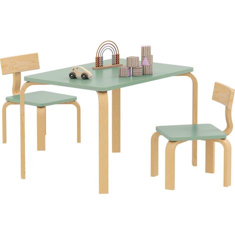 Lot table et 2 chaises enfant en bois, ensemble pour dessiner, jouer, étudier, bords doux, vert, 78x53x53 cm (1/5)
