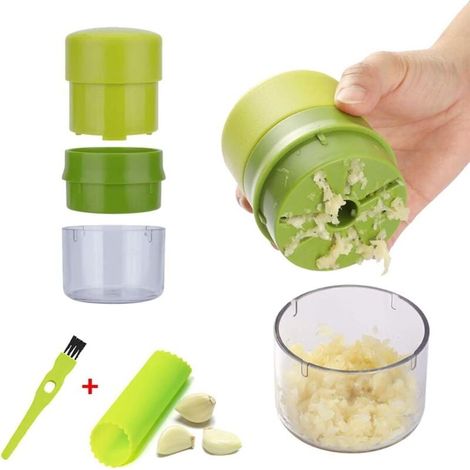 Knoblauchpresse, 3-teiliges Knoblauchpressen-Set, professionelle manuelle Knoblauchpresse mit Knoblauchschäler und Reinigungsbürste, Zerkleinerer, Erdnuss- und Walnussschneider, Küchenhelfer (Grün) (1/4)