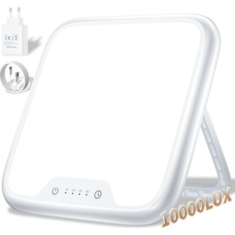 Lampe de Luminothérapie 10 000 Lux, SAD Lampe, 4 Réglages de Minuterie, Fonction Mémoire, Luminosité Réglable en Continu, Angle Réglable à 90°, Support Portable pour une Bonne Humeur, Petit [Classe én