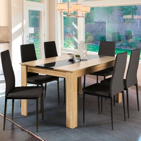 Conjunto de mesa de comedor GEORGIA 140 cm imitación haya y negro y 6 sillas ROMANE negras (1/5)