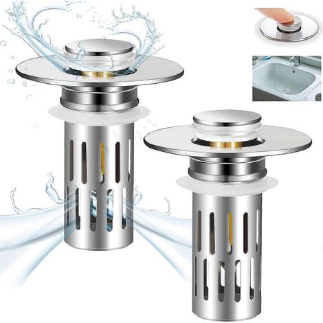 Lot de 2 bouchons de lavabo universels à clapet pour bonde de 2,7 à 3,8 cm (1,06 à 1,50 po), avec panier anti-obstruction. (1/5)