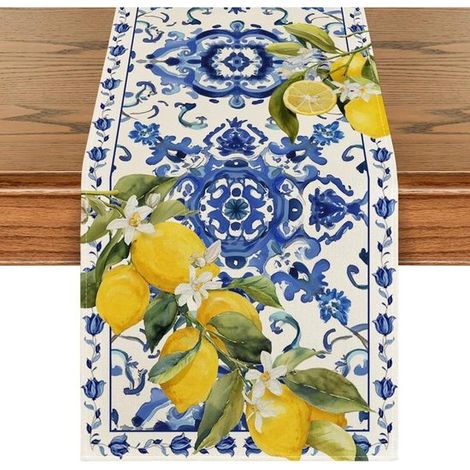 Chemin de table 33 x 183 cm, motif citron et carreaux bleus, décoration de table méditerranéenne pour repas, table à manger et fête de jardin, jaune et bleu (1/5)
