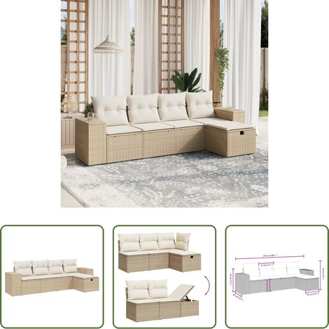 Terrassensofa -  5-tlg. Garten-Sofagarnitur mit Kissen Beige Poly Rattan (1/5)