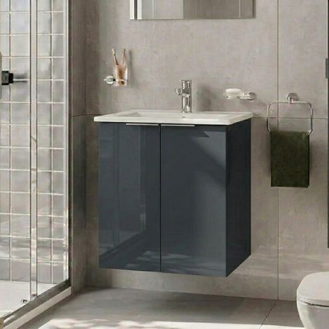 Vitra S20 Square Wall Hung 2-Door Vanity Unit and Basin 600mm Wide - High Gloss Anthracite (1/3)