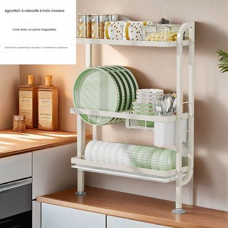 Égouttoir à Vaisselle Mural Sans Perçage à 3 Niveaux, Organisateur de Cuisine avec Porte-Couverts, Support pour Assiettes et Épices