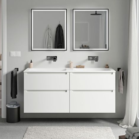 BERNSTEIN - Mueble lavabo doble suspendido MDF blanco mate, lavabos fundición blanco mate sin orificio grifería, cajone giratorio 120x46x62cm VIREO blanco mate, Blanco mate sin agujero para grifería
