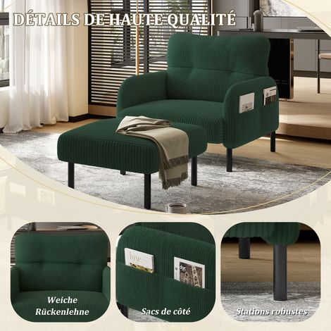 Fauteuil individuel en tissu velours, assise confortable et profonde, accoudoirs avec poches latérales des deux côtés, structure solide, adapté à différents espaces: salon, chambre et bureau (1/5)