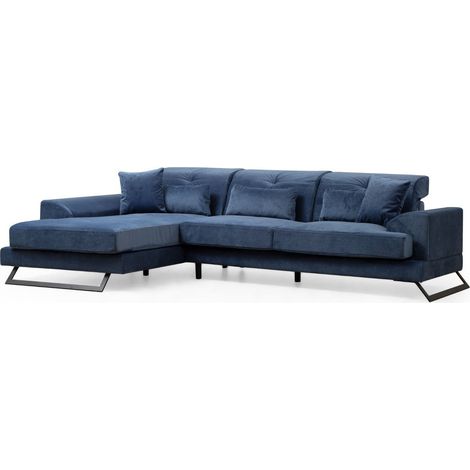 Canapé d'angle gauche velours bleu avec têtières relevables et pieds metal noir Briko 308cm (1/5)