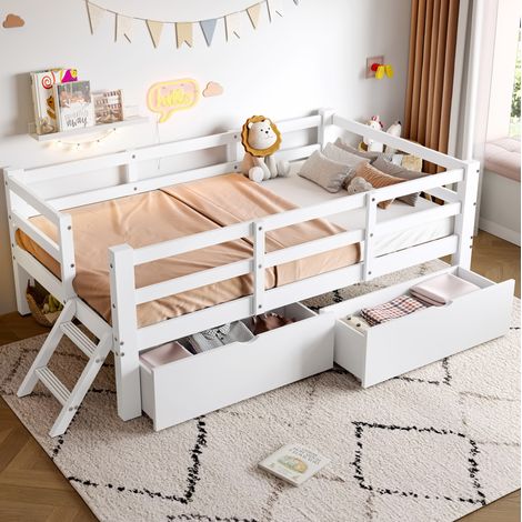 Lit enfant 90x200 cm avec 2 tiroirs et barrière de sécurité, en bois, blanc, sans matelas (1/5)