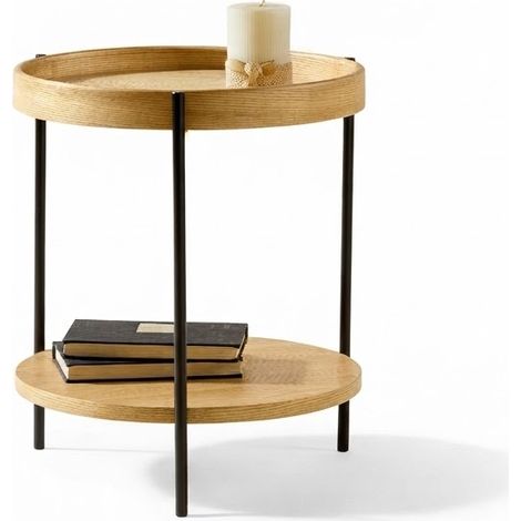 ELVMI Table Basse Ronde avec 2 Plateaux de Rangement, Structure en Fer Noir, pour Salon, Bois Naturel (1/5)