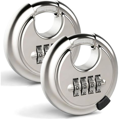 Lot de 2 cadenas à combinaison ronds de 70 mm à 4 chiffres en acier inoxydable 304 - Cadenas avec code numérique - Cadenas à combinaison pour entrepôt, abri de jardin (1/5)