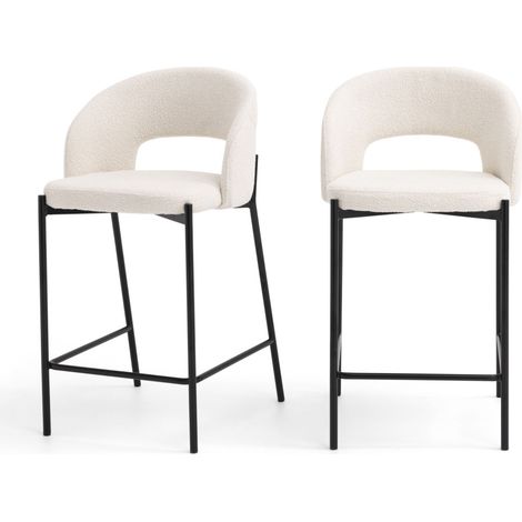 Drawer – Lot de 2 chaises de bar en tissu bouclette – Hauteur 65cm – Design scandinave – Structure métal noir – Confort d'assise enveloppant (1/5)