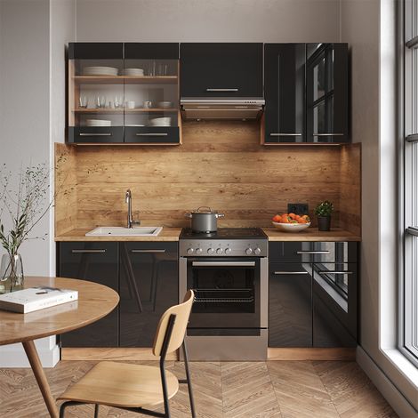 Cucina componibile Fame-Line, Antracite lucido/oro power oak, 200 cm senza piano di lavoro, Vicco (1/5)