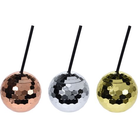 Discokugel Trinkbecher 600 ml - 3er Set - Party Getränke Becher mit Strohhalm je 1x gold silber bronze