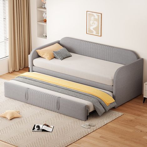 Canapé-lit convertible avec matelas, structure en lin respirant, rayures verticales, gris clair, dimensions 90x190 cm, sommier à lattes intégré, usage multifonctionnel, ancien modèle LDU00197AAG (1/5)