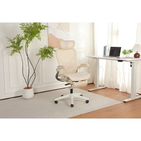 Sedia da ufficio ergonomica pieghevole con supporto lombare, poggiatesta 3D, rete, crema (1/5)