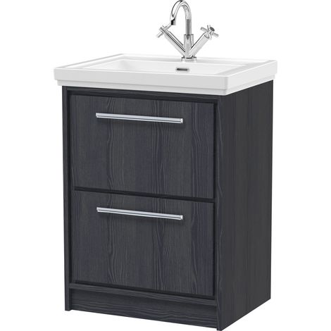 Longnor 2 Drawer Floor Standing Vanity Unit with 1 Tap Hole Traditional Fireclay Basin, Woodgrain Graphite Grey, 600mm (1/4)