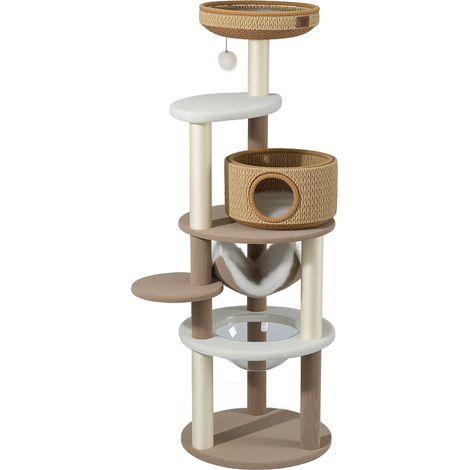 Fudajo Árbol rascador para gatos Forest Lodge de 168 cm, color beige, con casita, cama, hamaca, plataforma transparente para descansar y postes rascadores de cuerda de papel (1/5)