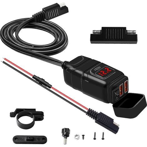 HONORNIC - Chargeur de guidon de moto étanche double USB 12 V, chargeur rapide 3.0 avec voltmètre USB pour moto (1/4)