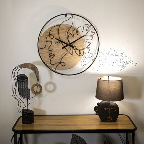 Reloj de pared de 60 cm con cara de perfil, Ponoma, madera y negro (1/5)