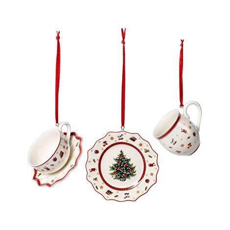 Villeroy & Boch – Toy’s Delight Decoration Set di stoviglie da Decorazione 3 pz., Ornamenti da Appendere, Porcellana Premium, Tessili, Metallo, Bianco, Rosso, 6,3 cm (1/4)