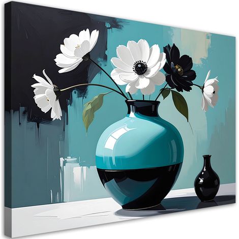 Quadro su tela, Fiori bianchi in un vaso decorativo turchese. - 45x30 (1/2)
