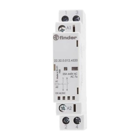 Finder – Contacteur pour tableau électrique 2 pôles – 1 NO + 1 NF – 25 A – Tension 12 V c.c. – Configuration efficace pour circuits