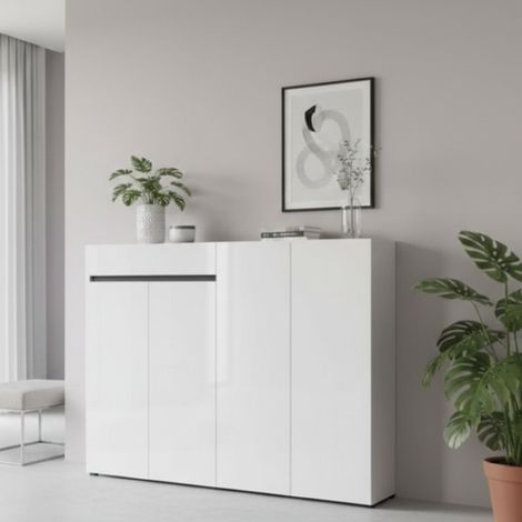 Zapatero Esperanza, Mueble para 38 Pares, 10 Estantes, 1 Cajón, 160x34x115h cm, Blanco Brillante, Hecho en Italia (1/5)