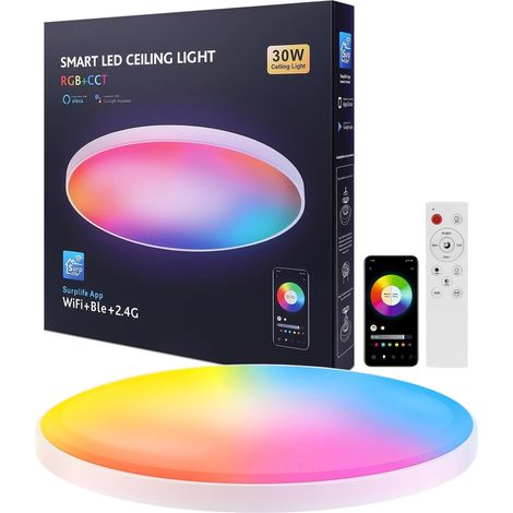 led plafonnier connecté compatible Alexa 30W plafonnier led chambre 16 millions couleurs plafonnier led dimmable , lampe connectée alexa Couleurs DIY 2700K-6500K Contrôle APP salon, coucher, cuisine (1/5)