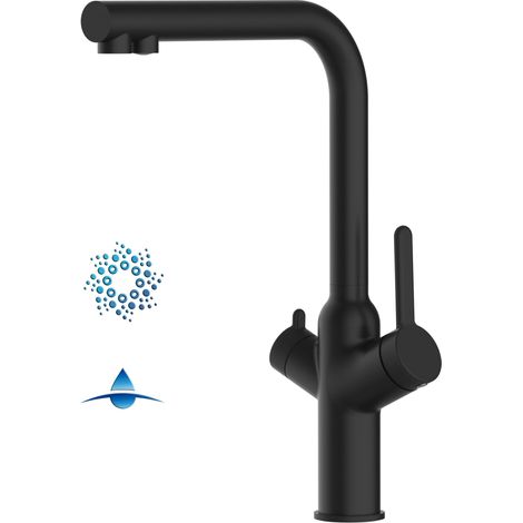 Rubinetto 4 vie miscelatore cucina Nero Opaco con canale separato per acqua filtrata, canna a L - Serie BOD