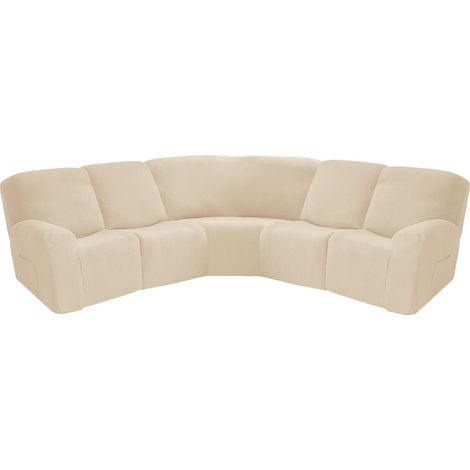 Set of 7 reclining corner sofa covers, in stretch velvet for reclining sofas, thick, soft and washable covers (Z beige) (1/5)