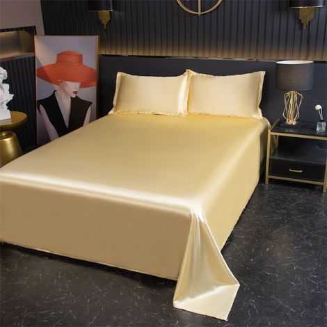 Drap Housse 230x250 cm Couleur Camel, Drap en Soie Glacée Effet Frais pour l'Été, Housse de Lit Unie et Douce (1/2)