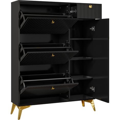 Meuble à chaussures noir avec 3 abattants, 1 tiroir et 1 porte - 90 x 25 x 121 cm (1/5)