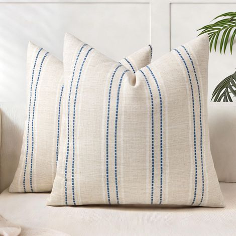 Lot de 2 housses de coussin décoratives en lin mélangé de style bohème et rustique avec coutures blanches(housse uniquement) (1/5)