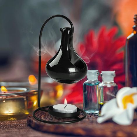 Brûleur à cire suspendu en métal noir pour huiles essentielles, brûleur de parfum pour huiles essentielles et senteurs, décoration suspendue pour le salon et l'aromathérapie. (1/4)