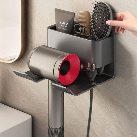 Haartrocknerhalterung, Haartrocknerhalterung aus Aluminium ohne Bohren mit Kabelmanagement, Wandmontage-Haartrocknerhalterung für Hotelzimmer mit Badezimmerablage, Grau (1/4)