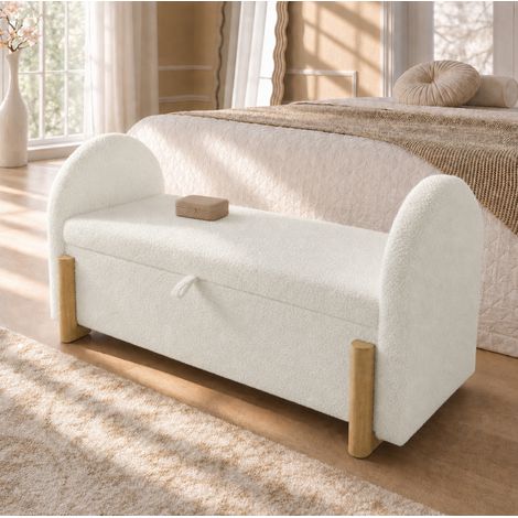 Panca contenitore 106 × 47 × 61 cm bianca in bouclé, con chiusura ammortizzata (1/5)