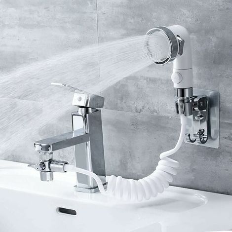 Kit de Douchette Lavabo Cuvette, Trois Jets Disponibles Pommeau de Douche de Robinet avec 1.5m de Tuyau Télescopique, Pratique pour le Salle de bain et la Cusine (Robinet pas Inclu)